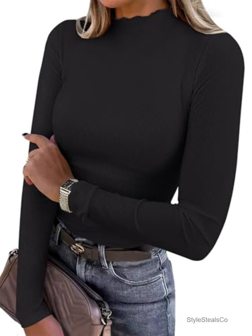Mock Neck Long Sleeve Ribbed Knit Slim Fit Tee Casual Work Top